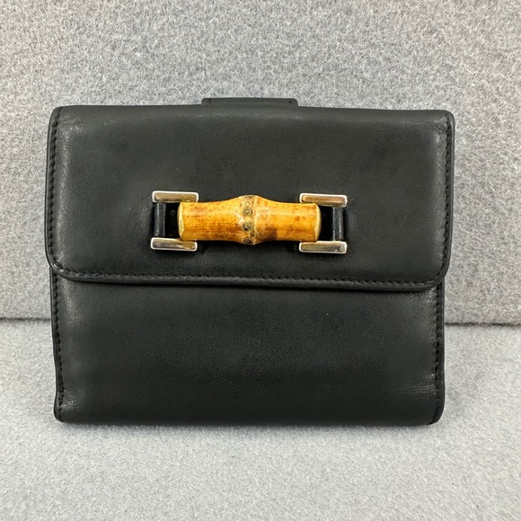 Gucci Bamboo Wallet Black Leather Bifold Snap Closure Card‎ Holder, Used - Picture 1 of 16